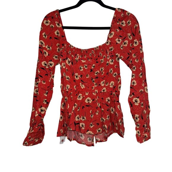 Lovestitch Women's Red Floral Long Sleeve Blouse M With Square Neckline & Peplum - Picture 6 of 9